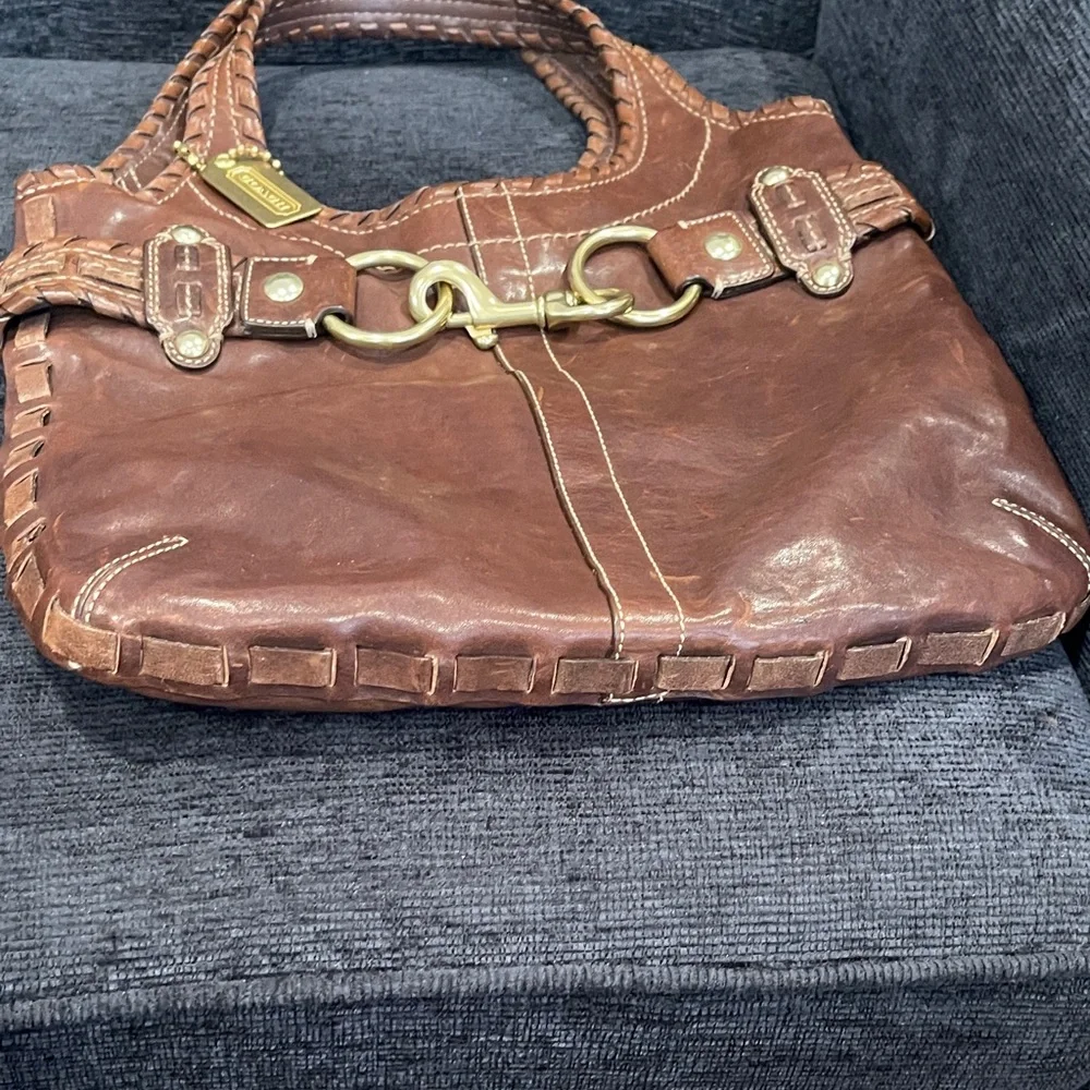 Coach Brown Braided Leather Shoulder Tote with Horsebit Accent - Picture 3 of 13